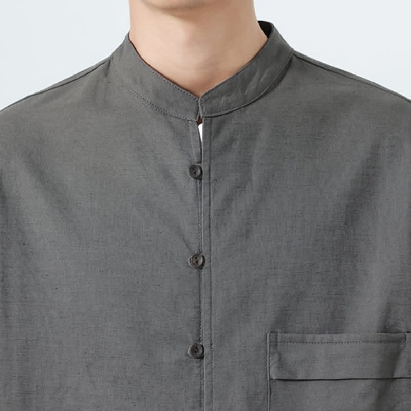 Buddha Stones Camicia da uomo a maniche lunghe in cotone tinta unita, stile Tang, con colletto alla coreana, ideale per l'autunno. - image 29