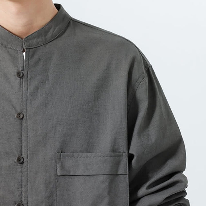 Buddha Stones Camicia da uomo a maniche lunghe in cotone tinta unita, stile Tang, con colletto alla coreana, ideale per l'autunno. - image 30
