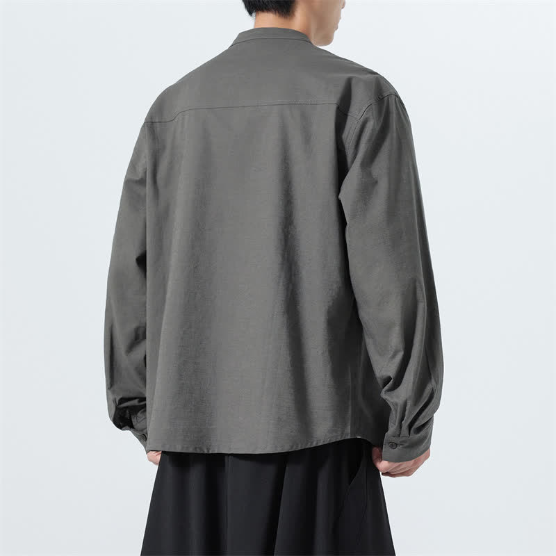 Buddha Stones Camicia da uomo a maniche lunghe in cotone tinta unita, stile Tang, con colletto alla coreana, ideale per l'autunno. - image 23