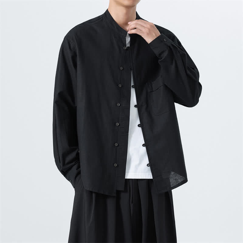 Buddha Stones Camicia da uomo a maniche lunghe in cotone tinta unita, stile Tang, con colletto alla coreana, ideale per l'autunno. - image 14