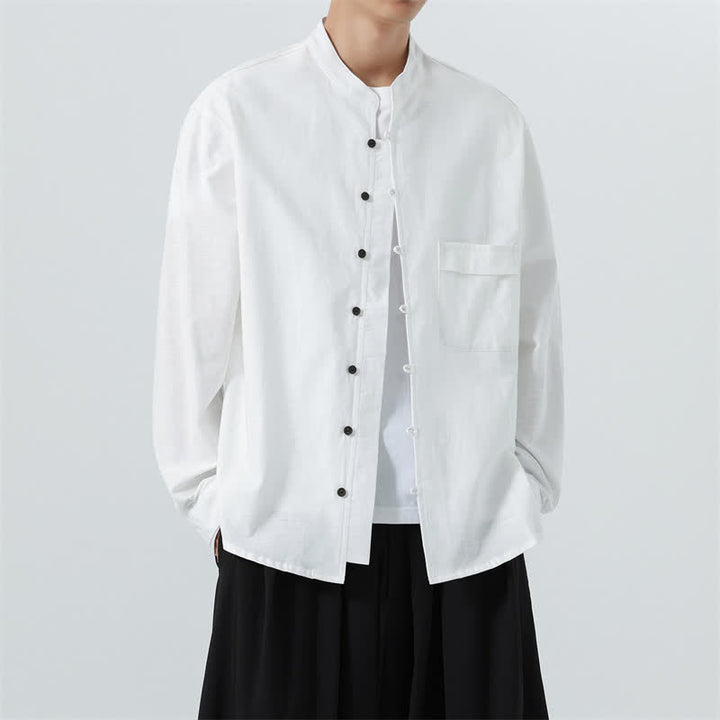 Buddha Stones Camicia da uomo a maniche lunghe in cotone tinta unita, stile Tang, con colletto alla coreana, ideale per l'autunno. - image 34