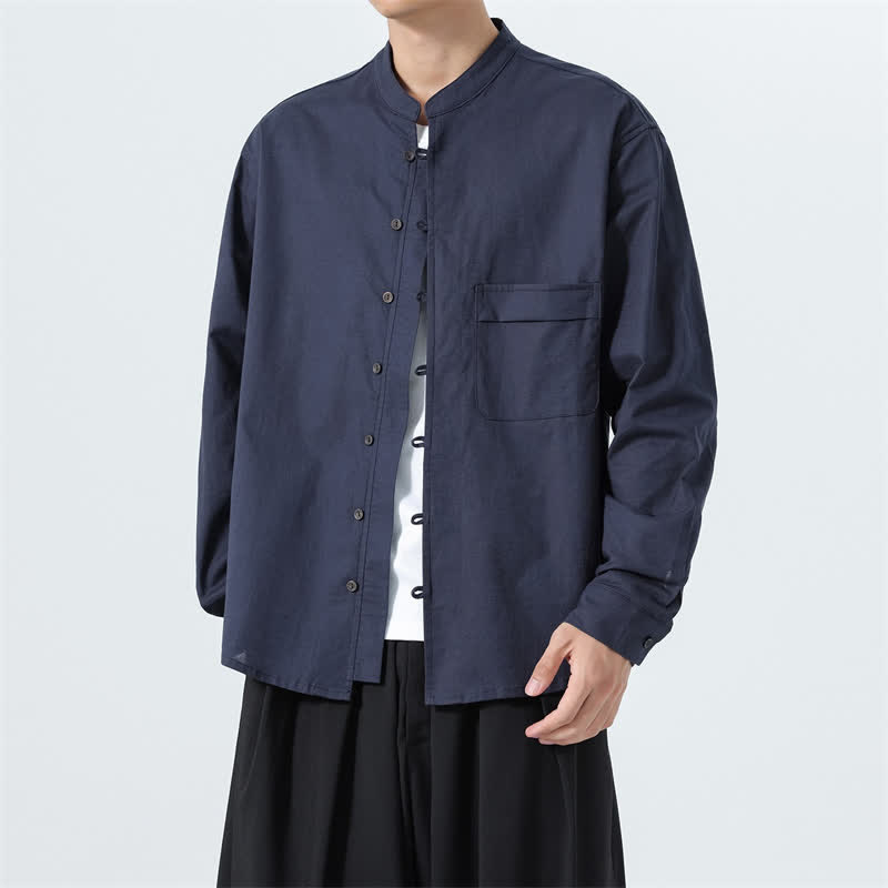 Buddha Stones Camicia da uomo a maniche lunghe in cotone tinta unita, stile Tang, con colletto alla coreana, ideale per l'autunno. - image 2