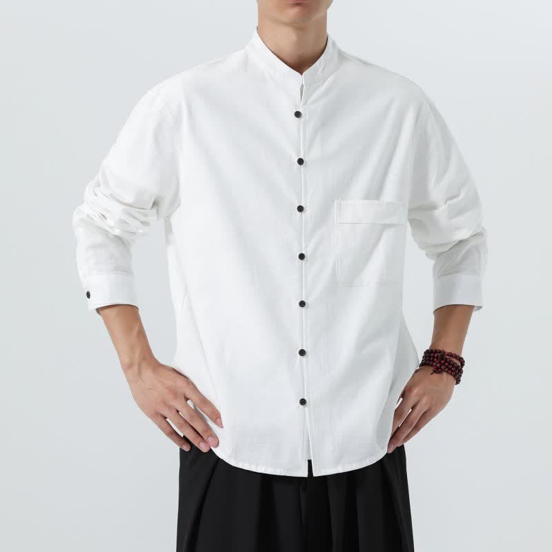 Buddha Stones Camicia da uomo a maniche lunghe in cotone tinta unita, stile Tang, con colletto alla coreana, ideale per l'autunno. - image 38