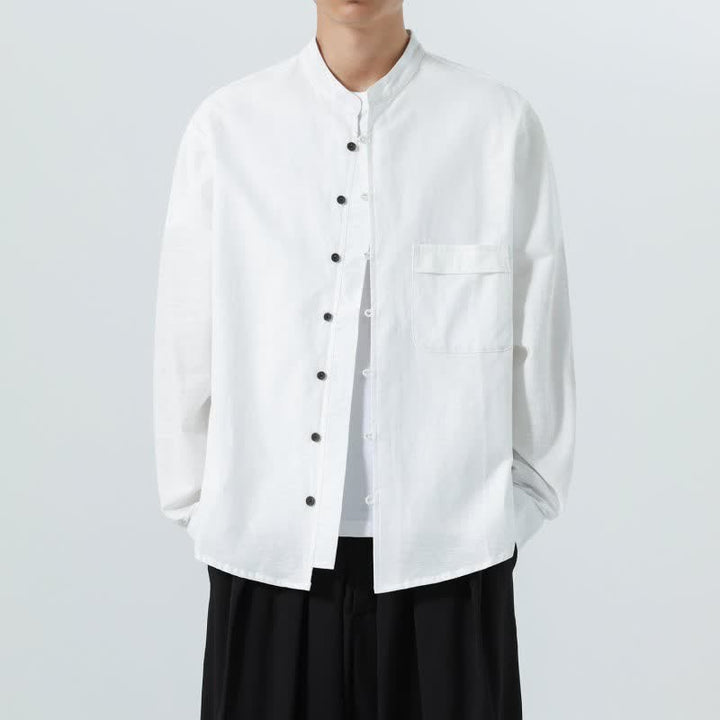 Buddha Stones Camicia da uomo a maniche lunghe in cotone tinta unita, stile Tang, con colletto alla coreana, ideale per l'autunno. - image 35