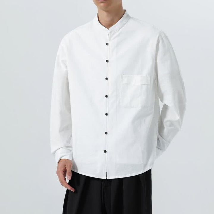 Buddha Stones Camicia da uomo a maniche lunghe in cotone tinta unita, stile Tang, con colletto alla coreana, ideale per l'autunno. - image 39