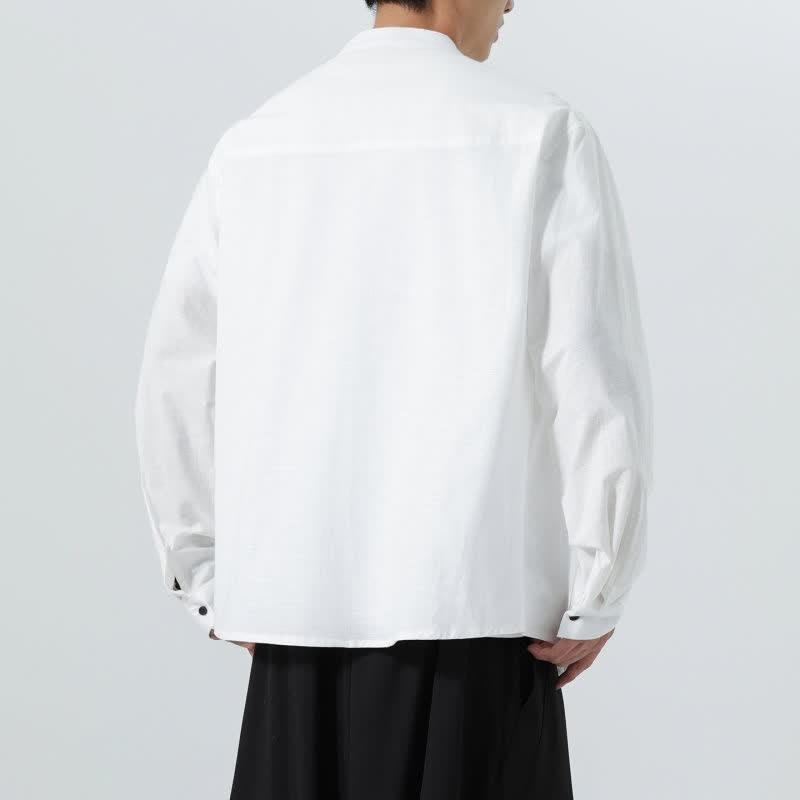 Buddha Stones Camicia da uomo a maniche lunghe in cotone tinta unita, stile Tang, con colletto alla coreana, ideale per l'autunno. - image 37