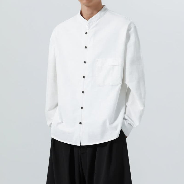 Buddha Stones Camicia da uomo a maniche lunghe in cotone tinta unita, stile Tang, con colletto alla coreana, ideale per l'autunno. - image 36