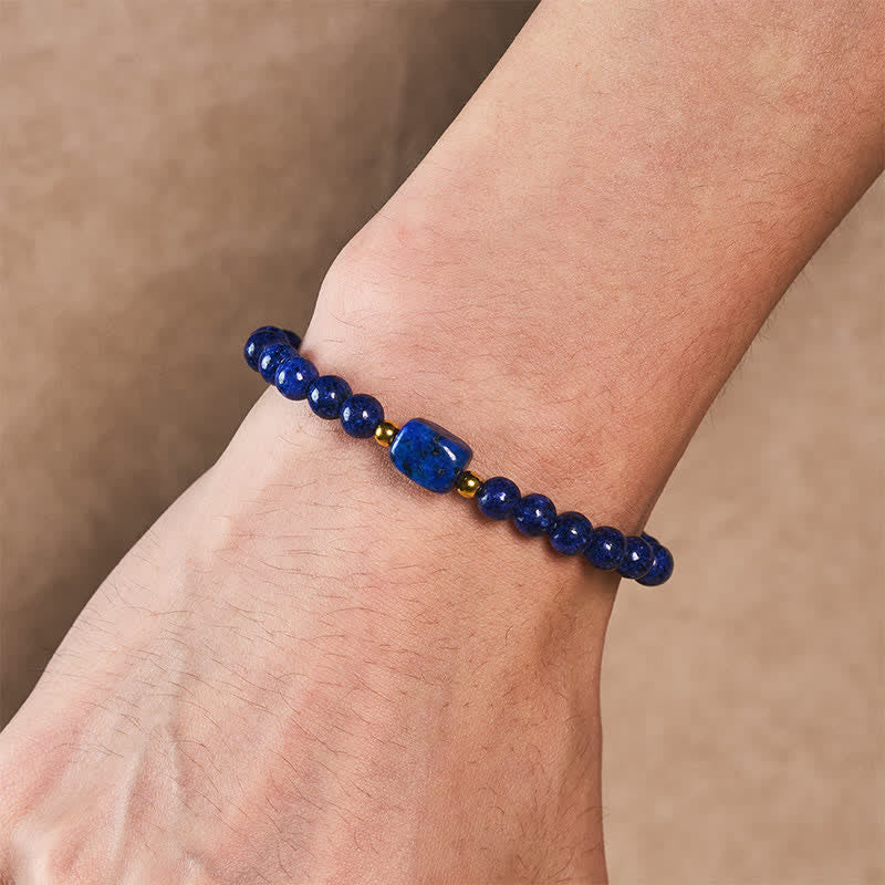 Buddha Stones Bracciale minimalista elastico con perline di lapislazzuli e simbolo di saggezza. - image 3