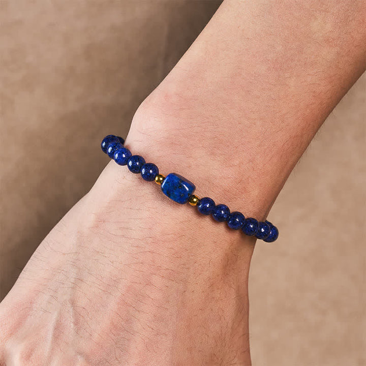 Buddha Stones Bracciale minimalista elastico con perline di lapislazzuli e simbolo di saggezza. - image 3