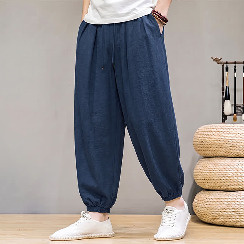 Buddha Stones Pantaloni lunghi da uomo basici retrò con coulisse, tinta unita, modello harem con tasche. - image 1