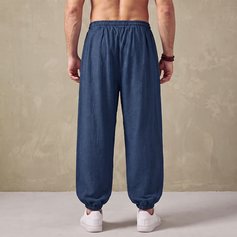 Buddha Stones Pantaloni lunghi da uomo basici retrò con coulisse, tinta unita, modello harem con tasche. - image 2