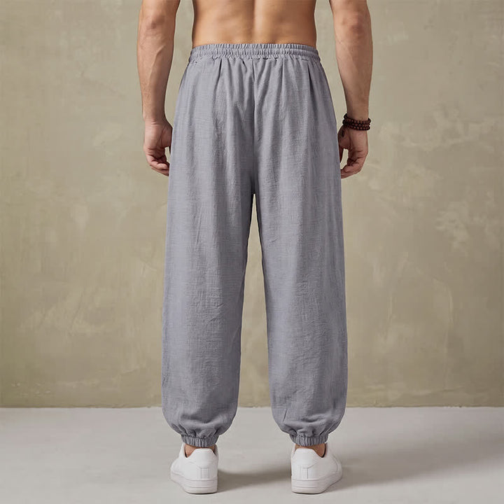 Buddha Stones Pantaloni lunghi da uomo basici retrò con coulisse, tinta unita, modello harem con tasche. - image 12