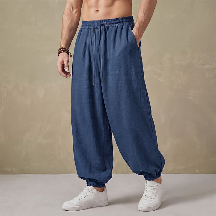Buddha Stones Pantaloni lunghi da uomo basici retrò con coulisse, tinta unita, modello harem con tasche. - SteelBlue - US/UK/AU42, EU52 (3XL) - image 0