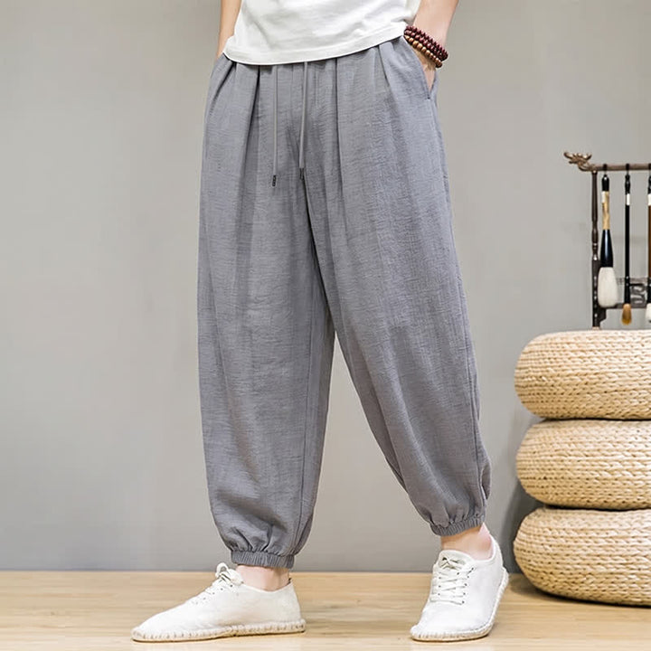 Buddha Stones Pantaloni lunghi da uomo basici retrò con coulisse, tinta unita, modello harem con tasche. - image 11