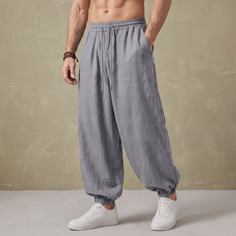 Buddha Stones Pantaloni lunghi da uomo basici retrò con coulisse, tinta unita, modello harem con tasche. - Grigio chiaro - US/UK/AU42, EU52 (3XL) - image 10
