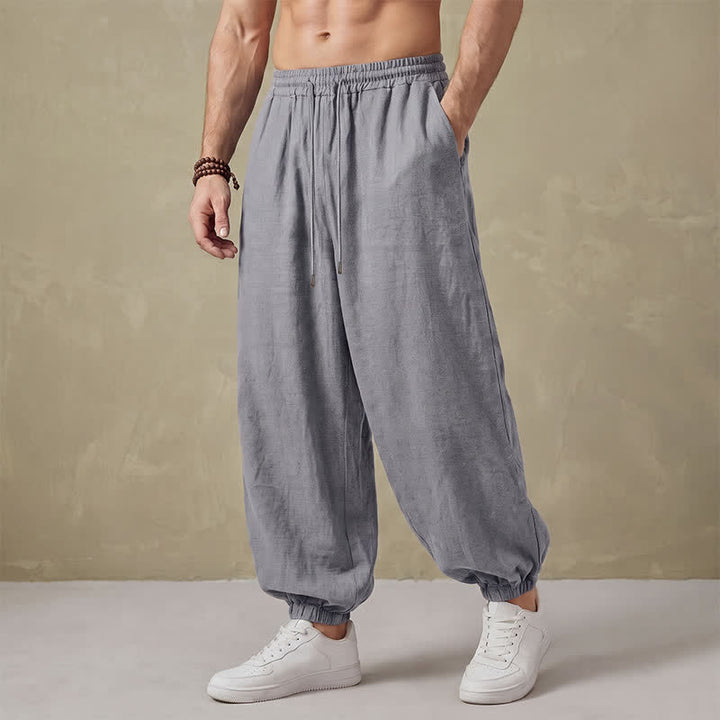 Buddha Stones Pantaloni lunghi da uomo basici retrò con coulisse, tinta unita, modello harem con tasche. - Grigio chiaro - US/UK/AU42, EU52 (3XL) - image 10