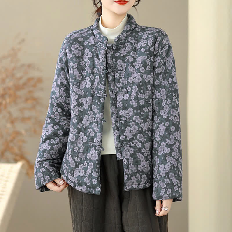 Buddha Stones Giacca invernale da donna stile Tang vintage con bottoni a rana e stampa floreale - Grigio tenue - US8-10, UK/AU12-14, EU40-42 (2XL) - image 0