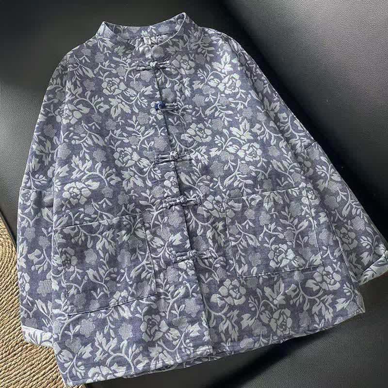 Buddha Stones Camicie da donna a maniche lunghe con tasche, stile vintage Tang, con bottoni a rana e stampa floreale, perfette per l'autunno. - SteelBlue - US8-10, UK/AU12-14, EU40-42 (2XL) - image 0