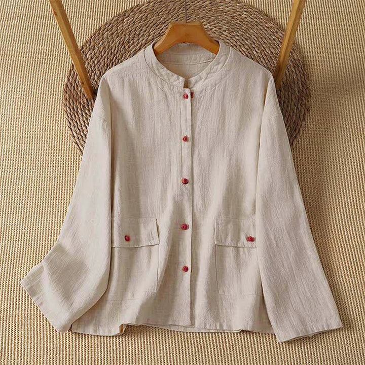 Buddha Stones Camicie da donna a maniche lunghe, tinta unita, stile vintage Tang, con bottoni e tasche, perfette per l'autunno. - Beige - US8-10, UK/AU12-14, EU40-42 (2XL) - image 0