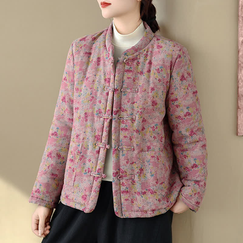 Buddha Stones Giacca invernale da donna stile Tang vintage con bottoni a rana, stampa floreale rosa e tasche. - Rosso viola pallido - US8-10, UK/AU12-14, EU40-42 (2XL) - image 0