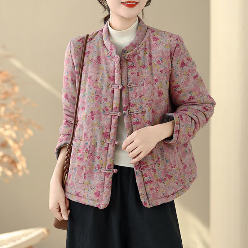 Buddha Stones Giacca invernale da donna stile Tang vintage con bottoni a rana, stampa floreale rosa e tasche. - image 1