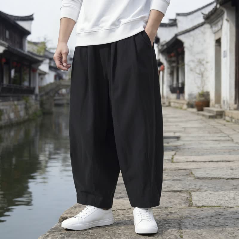 Buddha Stones Pantaloni corti da uomo a gamba dritta, minimalisti e casual, con coulisse, tinta unita, per l'autunno, con tasche. - Nero - US/UK/AU46, EU56 (5XL) - image 1