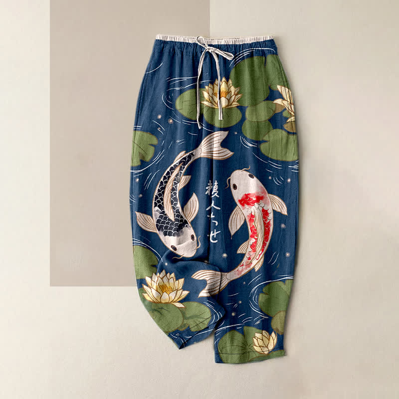 Buddha Stones Pantaloni da donna in puro cotone con elastico in vita e tasche, fantasia koi e loto giapponesi. - Marina - US16, UK/AU20, EU48 (3XL) - image 0