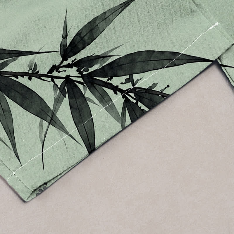 Buddha Stones Pantaloni da donna in puro cotone con elastico in vita e tasche, fantasia orientale con uccelli e bambù. - image 1