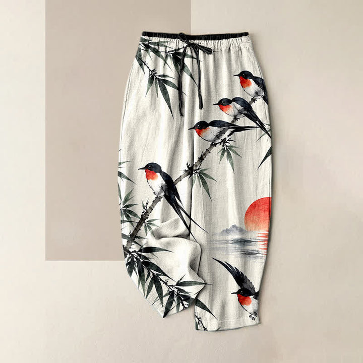 Buddha Stones Pantaloni da donna in puro cotone con elastico in vita e tasche, fantasia orientale con uccelli e bambù. - Avorio - US16, UK/AU20, EU48 (3XL) - image 3