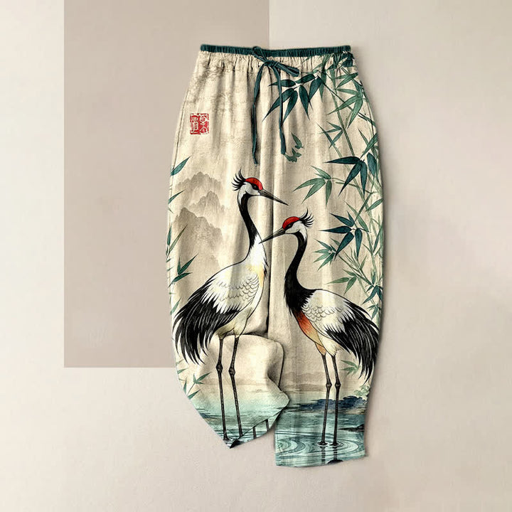 Buddha Stones Pantaloni da donna in puro cotone con elastico in vita e tasche, fantasia orientale con gru e bambù. - Beige - US16, UK/AU20, EU48 (3XL) - image 0