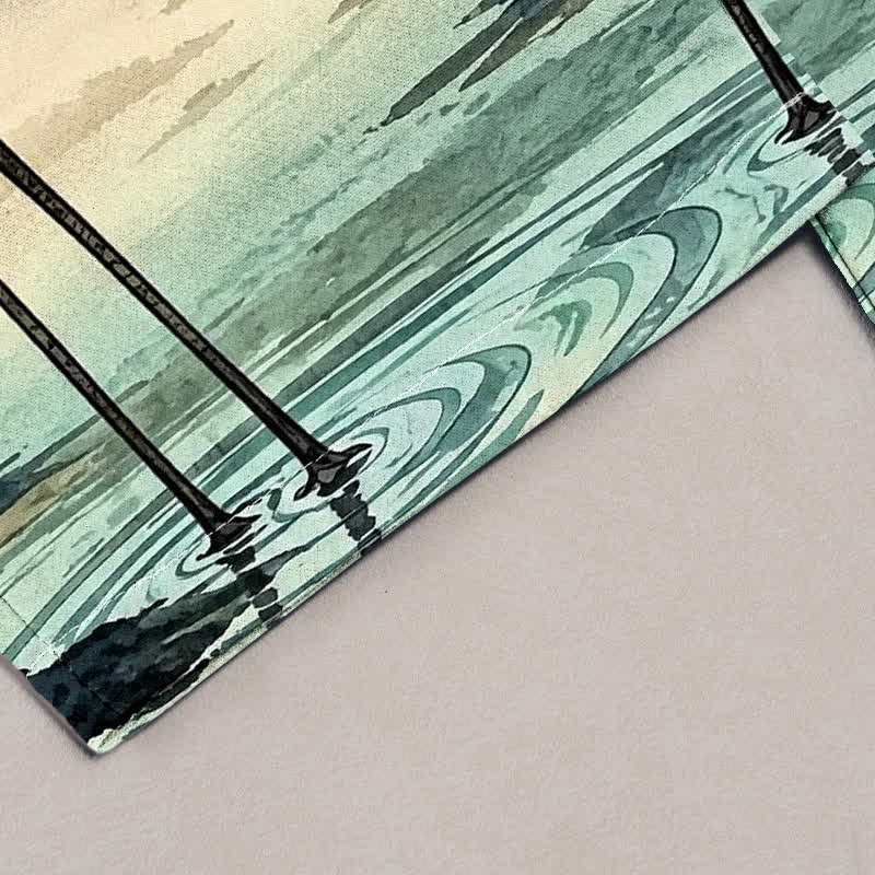 Buddha Stones Pantaloni da donna in puro cotone con elastico in vita e tasche, fantasia orientale con gru e bambù. - image 1