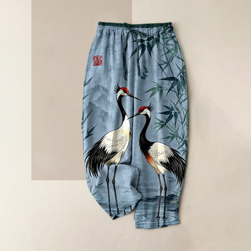 Buddha Stones Pantaloni da donna in puro cotone con elastico in vita e tasche, fantasia orientale con gru e bambù. - Azzurro chiaro - US16, UK/AU20, EU48 (3XL) - image 3
