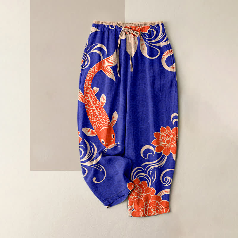 Buddha Stones Pantaloni da donna in puro cotone con elastico in vita e tasche, fantasia artistica a onde koi. - Blu medio - US16, UK/AU20, EU48 (3XL) - image 0