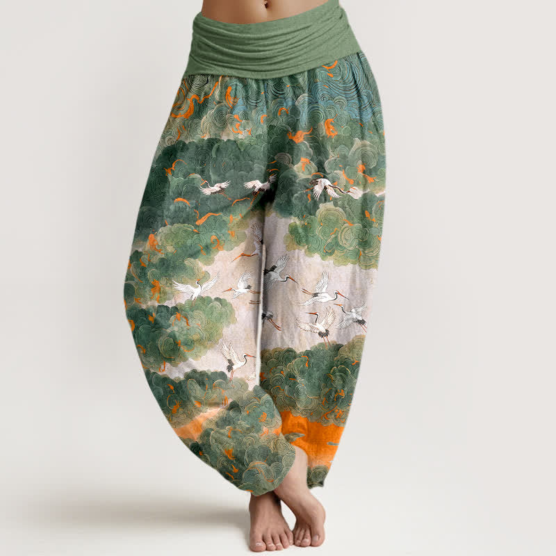 Buddha Stones Pantaloni harem da donna in cotone con motivo gru e nuvole, vita elasticizzata - Verde chiaro - US16, UK/AU20, EU48 (3XL) - image 0