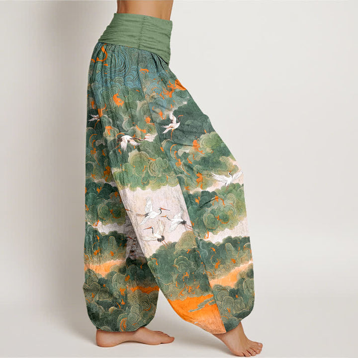Buddha Stones Pantaloni harem da donna in cotone con motivo gru e nuvole, vita elasticizzata - image 1