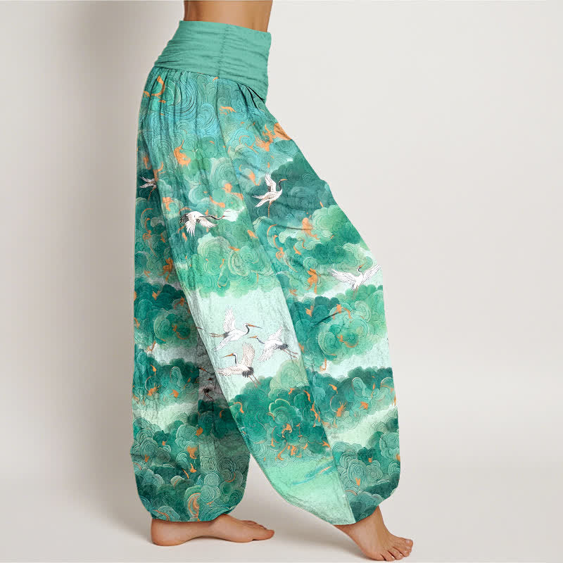 Buddha Stones Pantaloni harem da donna in cotone con motivo gru e nuvole, vita elasticizzata - image 6