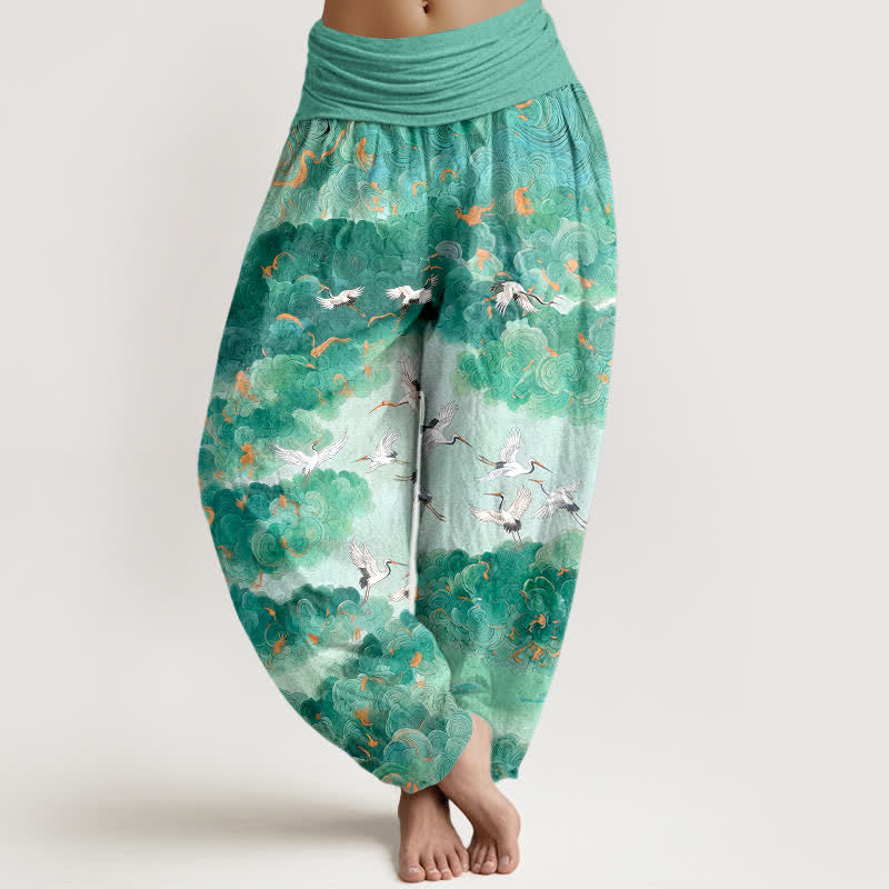 Buddha Stones Pantaloni harem da donna in cotone con motivo gru e nuvole, vita elasticizzata - Acquamarina - US16, UK/AU20, EU48 (3XL) - image 5