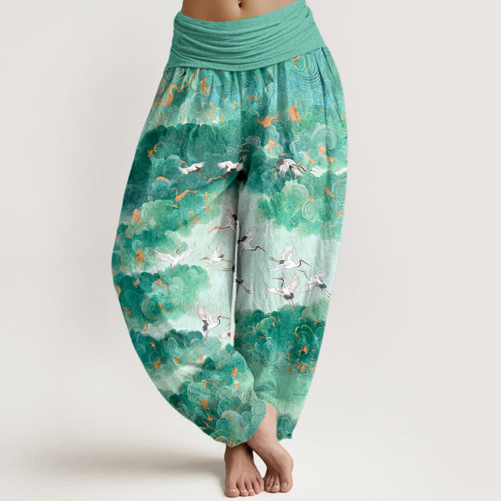 Buddha Stones Pantaloni harem da donna in cotone con motivo gru e nuvole, vita elasticizzata - Acquamarina - US16, UK/AU20, EU48 (3XL) - image 5