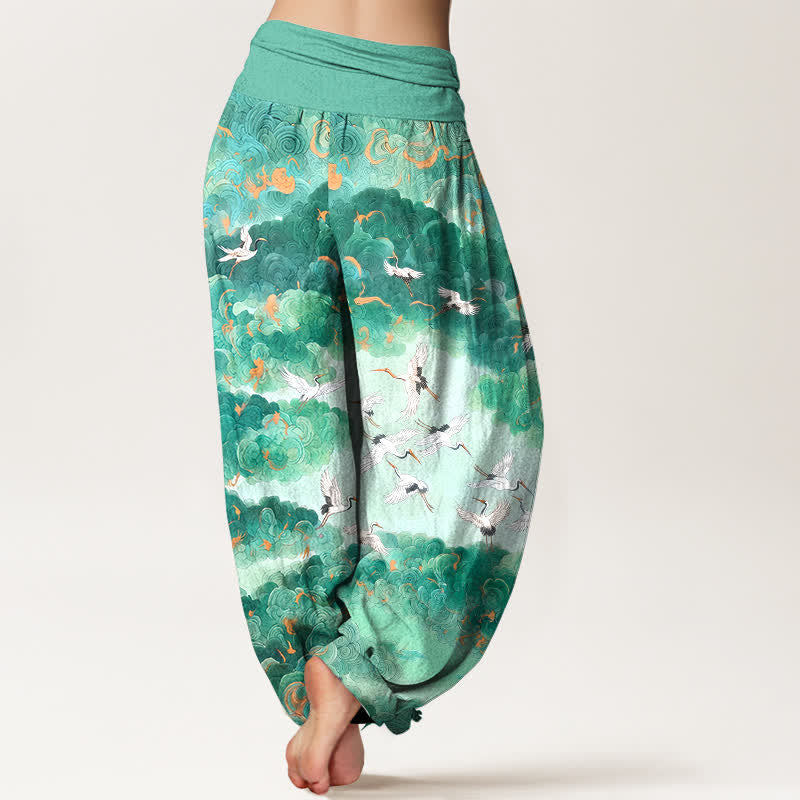 Buddha Stones Pantaloni harem da donna in cotone con motivo gru e nuvole, vita elasticizzata - image 7