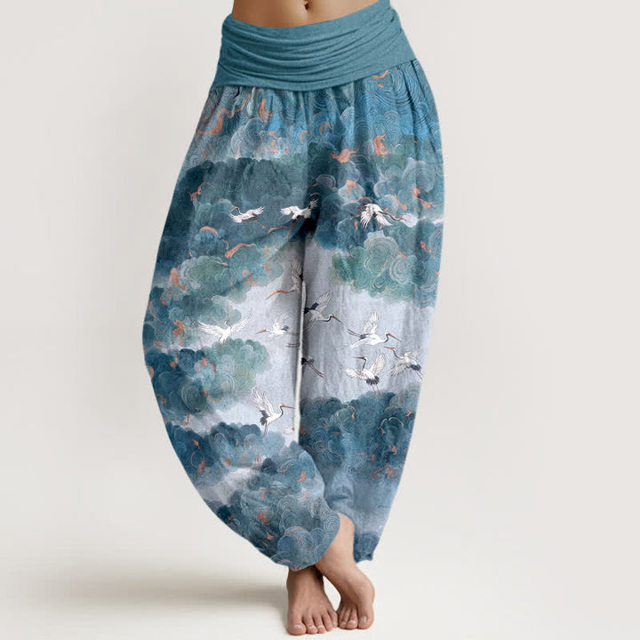 Buddha Stones Pantaloni harem da donna in cotone con motivo gru e nuvole, vita elasticizzata - SteelBlue - US16, UK/AU20, EU48 (3XL) - image 8