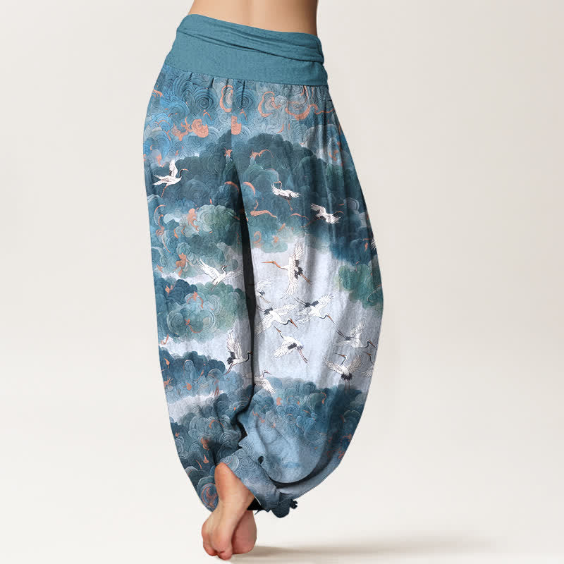 Buddha Stones Pantaloni harem da donna in cotone con motivo gru e nuvole, vita elasticizzata - image 10