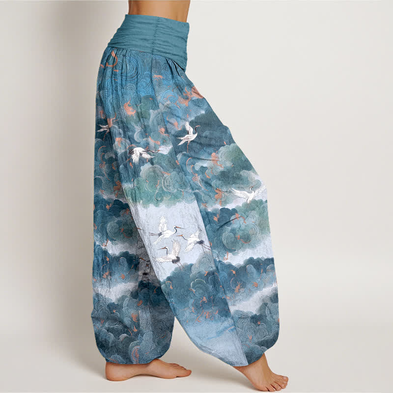 Buddha Stones Pantaloni harem da donna in cotone con motivo gru e nuvole, vita elasticizzata - image 9