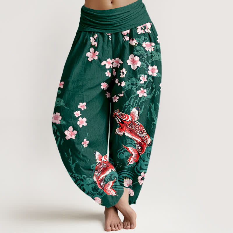 Buddha Stones Pantaloni harem da donna in cotone con motivo koi e fiori di ciliegio, vita elasticizzata - Verde scuro - US16, UK/AU20, EU48 (3XL) - image 0