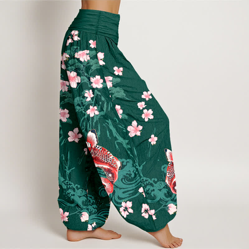 Buddha Stones Pantaloni harem da donna in cotone con motivo koi e fiori di ciliegio, vita elasticizzata - image 1