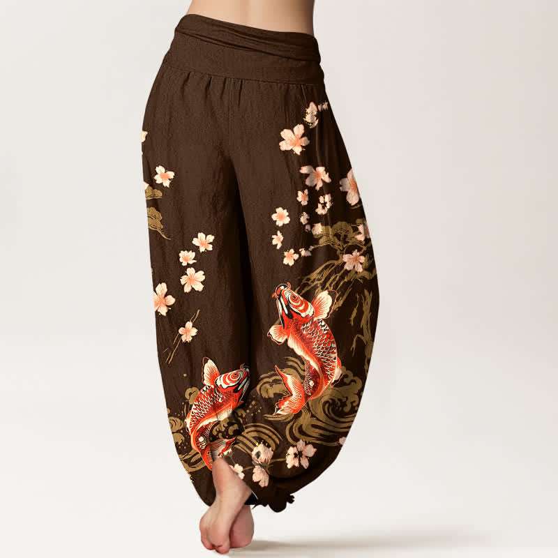 Buddha Stones Pantaloni harem da donna in cotone con motivo koi e fiori di ciliegio, vita elasticizzata - image 10