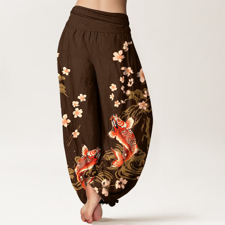 Buddha Stones Pantaloni harem da donna in cotone con motivo koi e fiori di ciliegio, vita elasticizzata - image 10