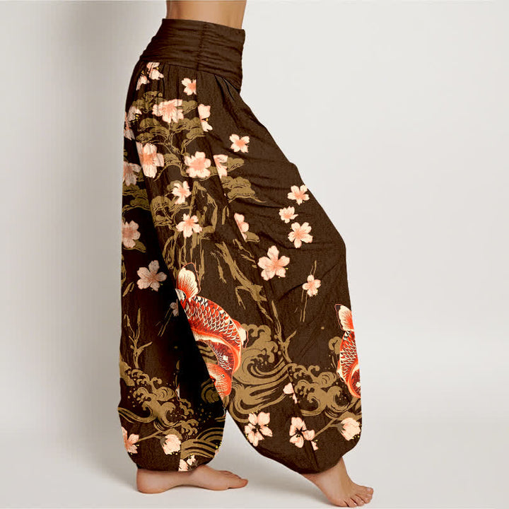 Buddha Stones Pantaloni harem da donna in cotone con motivo koi e fiori di ciliegio, vita elasticizzata - image 9