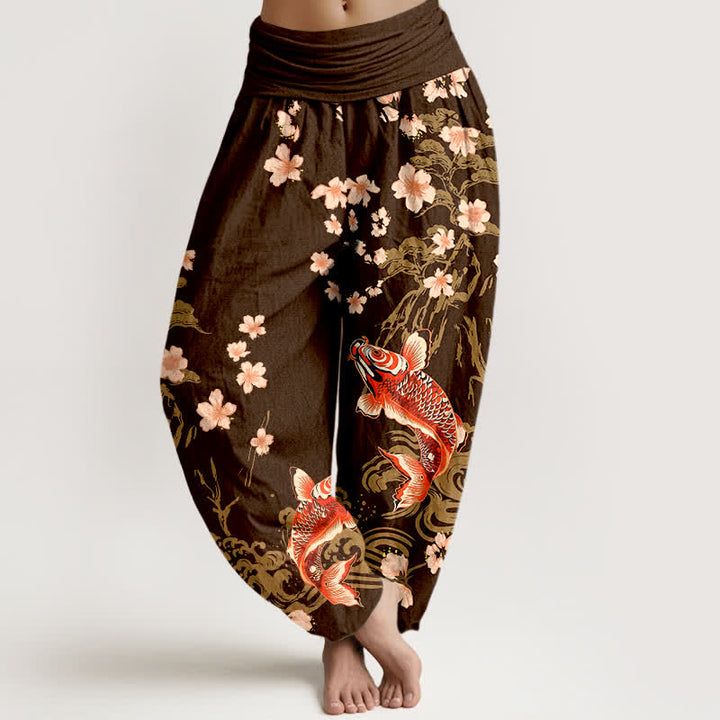 Buddha Stones Pantaloni harem da donna in cotone con motivo koi e fiori di ciliegio, vita elasticizzata - Marrone sella - US16, UK/AU20, EU48 (3XL) - image 8