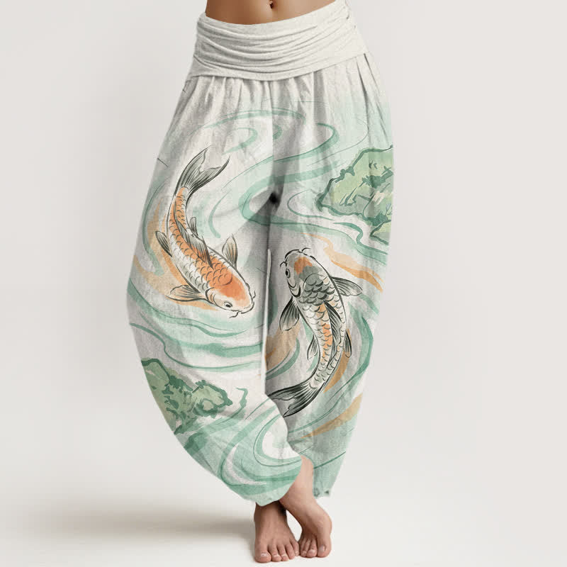 Buddha Stones Pantaloni harem da donna in cotone con motivo a onde e pesci koi, con elastico in vita. - Melata - US16, UK/AU20, EU48 (3XL) - image 0