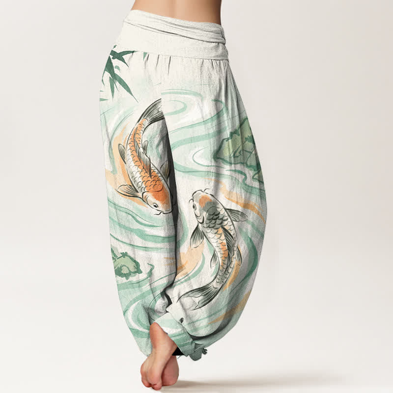 Buddha Stones Pantaloni harem da donna in cotone con motivo a onde e pesci koi, con elastico in vita. - image 1